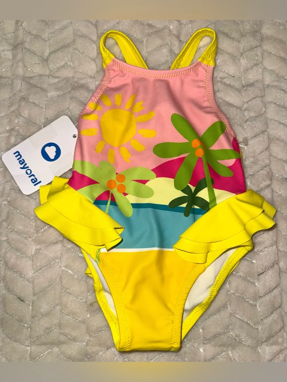 Mayoral Girls' Yellow Tropical Sun One-Piece Swimsuit, size 6 mo, NWT